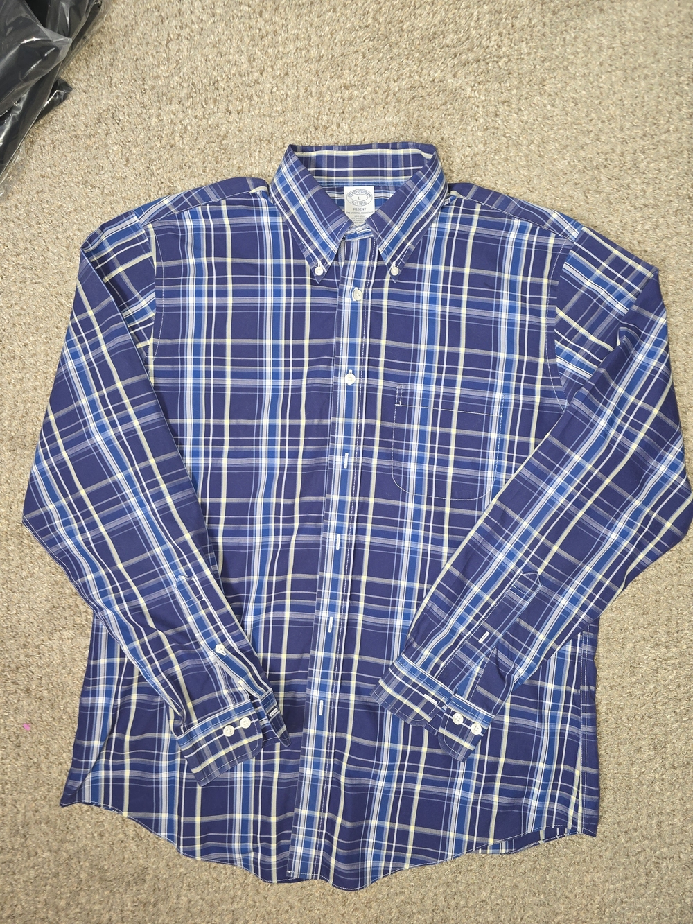 Brooks Brothers Regent Navy and White Plaid Button-Down Dress Shirt Size Large
